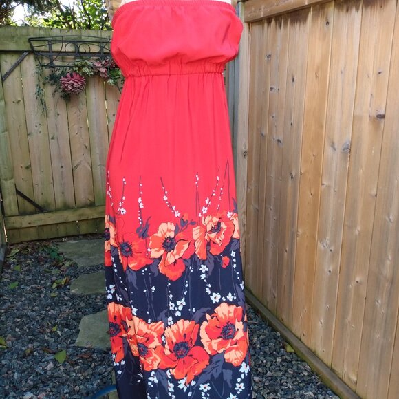 Strapless Red Dress Size Small Chic by Jacob Red Floral Border - Picture 2 of 9